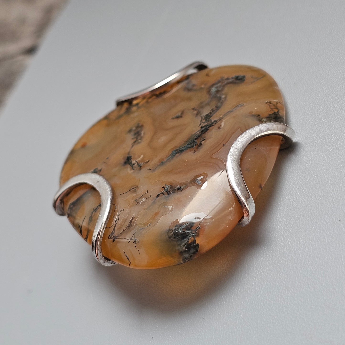 Vintage Silver & Moss Agate Modernist Brooch