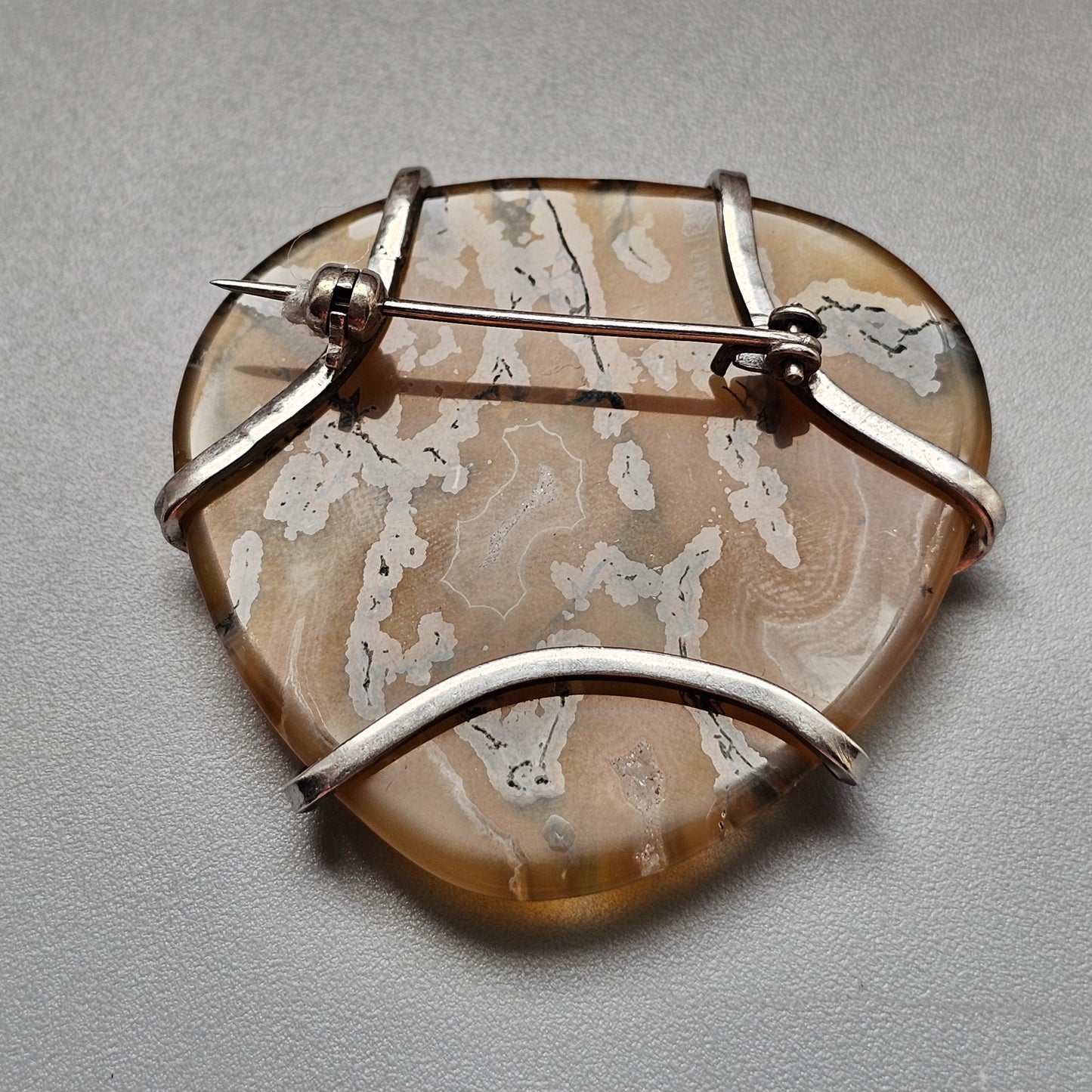Vintage Silver & Moss Agate Modernist Brooch