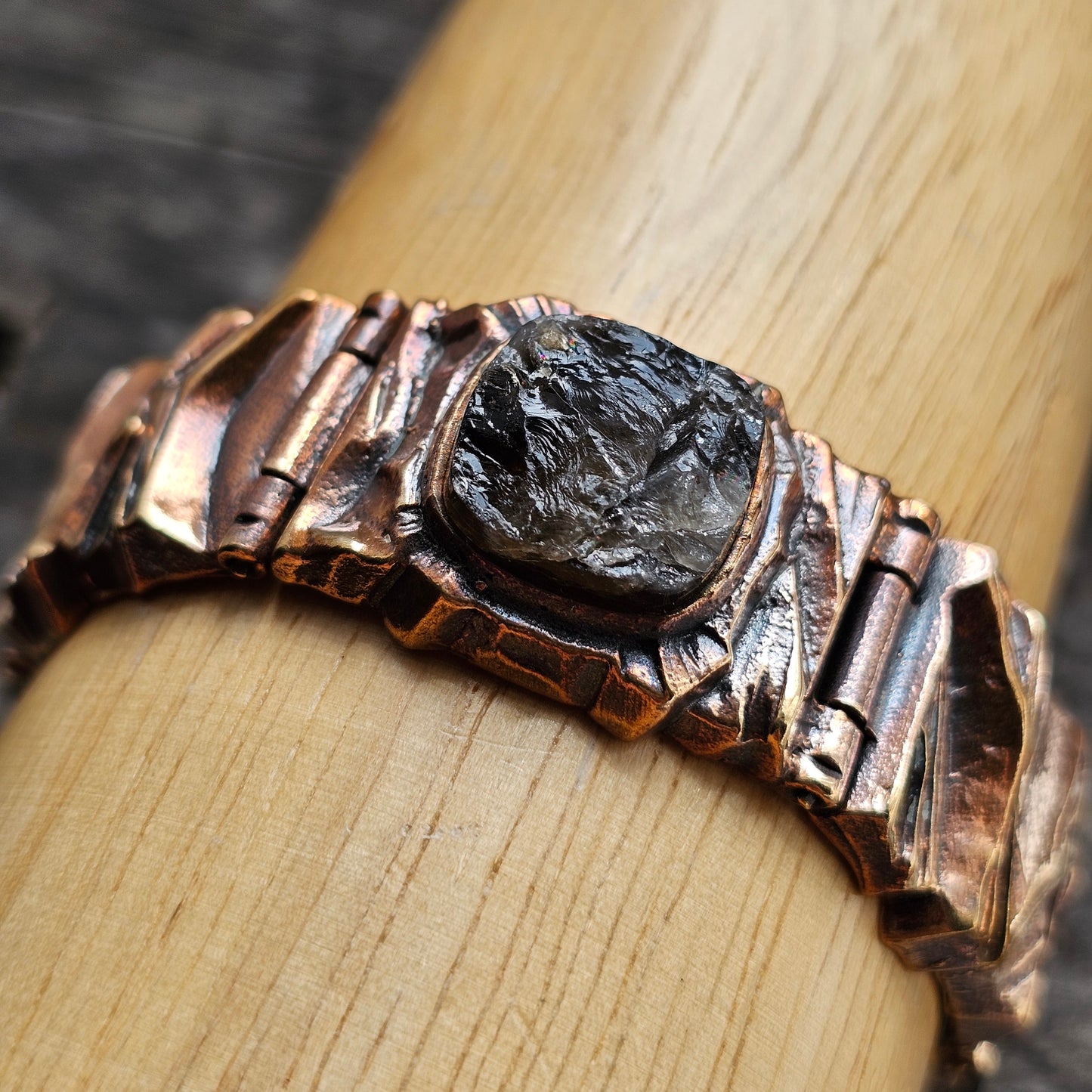 Vintage 1970s Modernist Brutalist Pentti Sarpaneva Bronze ‘Kelo’ Bracelet with Smoky Quartz