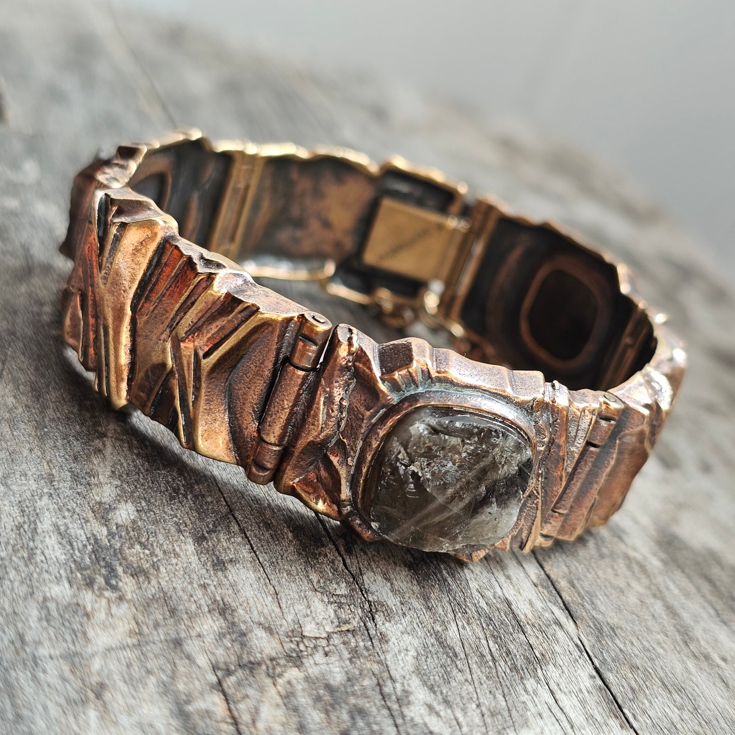 Vintage 1970s Modernist Brutalist Pentti Sarpaneva Bronze ‘Kelo’ Bracelet with Smoky Quartz