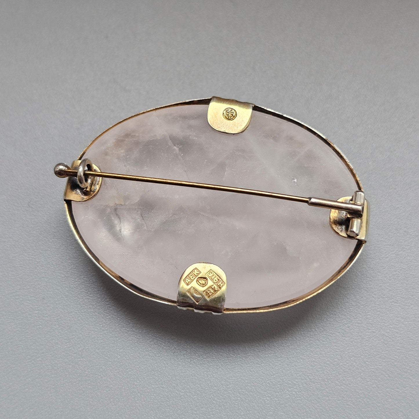Vintage 1950s Kalevala Koru Finnish Gold Plated Silver Rose Quartz Brooch 1955