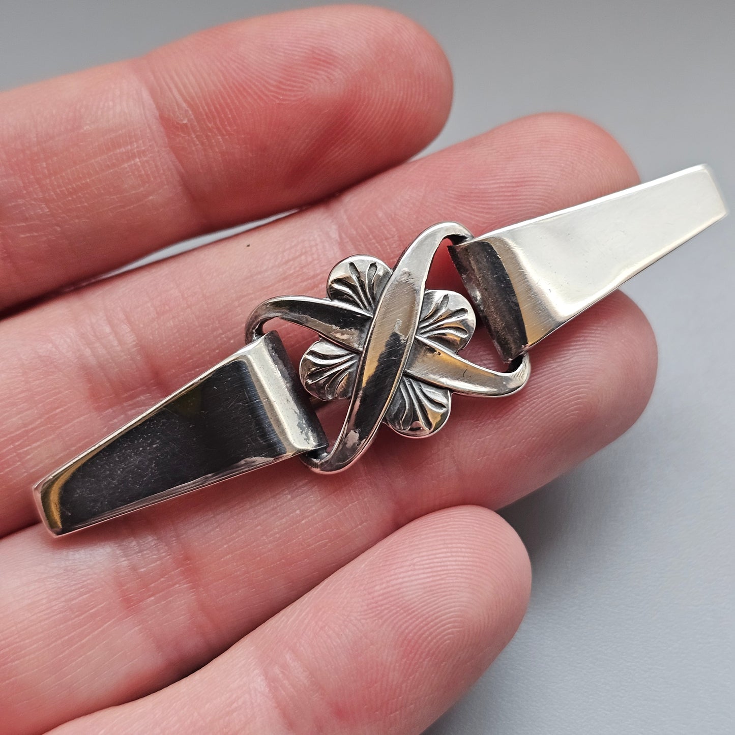 Antique Danish Art Deco Silver Brooch Geometric Floral Design
