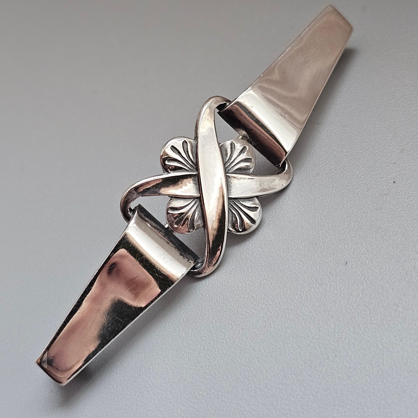 Antique Danish Art Deco Silver Brooch Geometric Floral Design