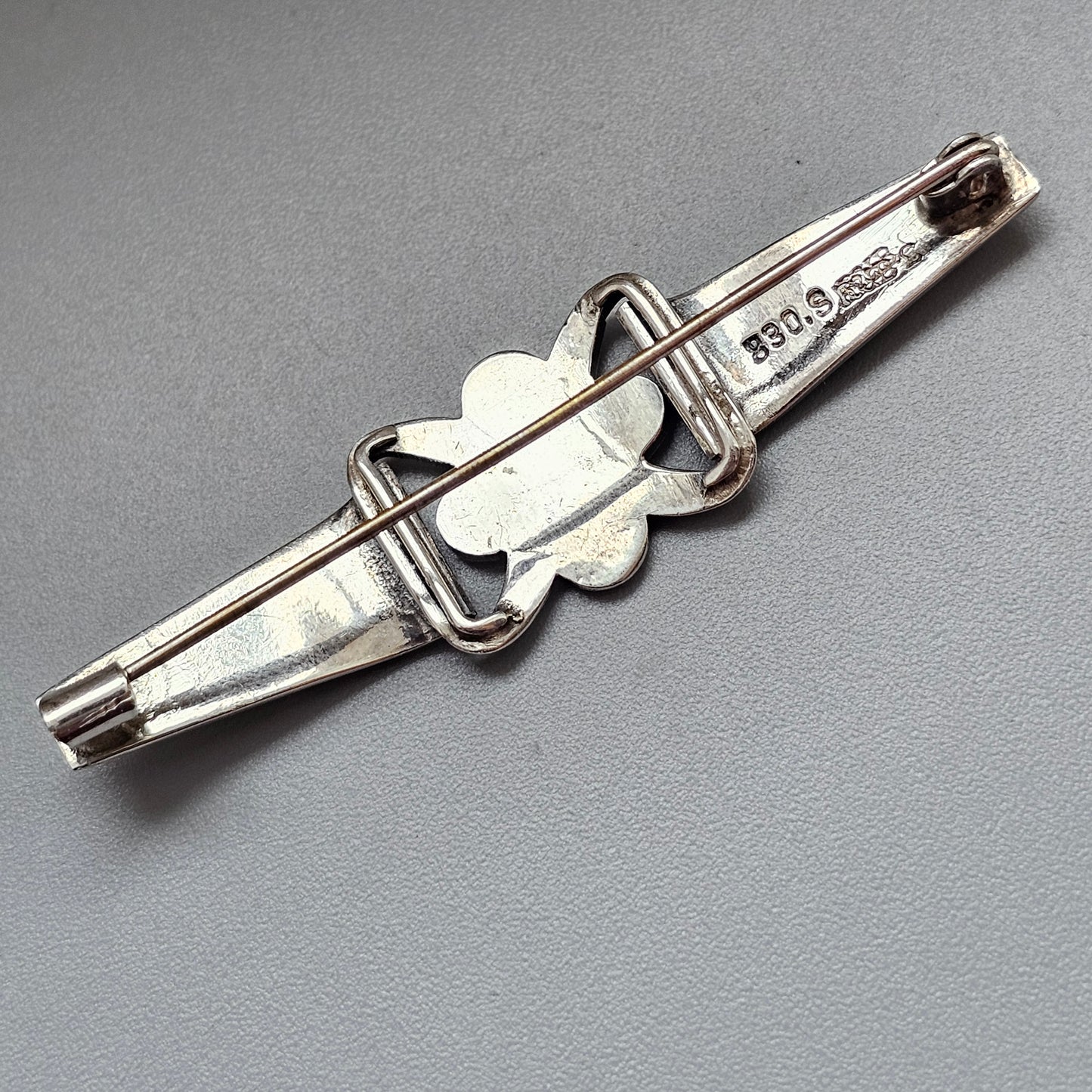 Antique Danish Art Deco Silver Brooch Geometric Floral Design