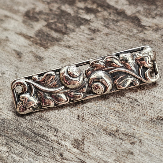 Vintage Mid Century Modern Danish 830 Silver Floral Bar Brooch by Henry Roland