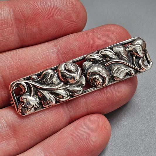 Vintage Mid Century Modern Danish 830 Silver Floral Bar Brooch by Henry Roland