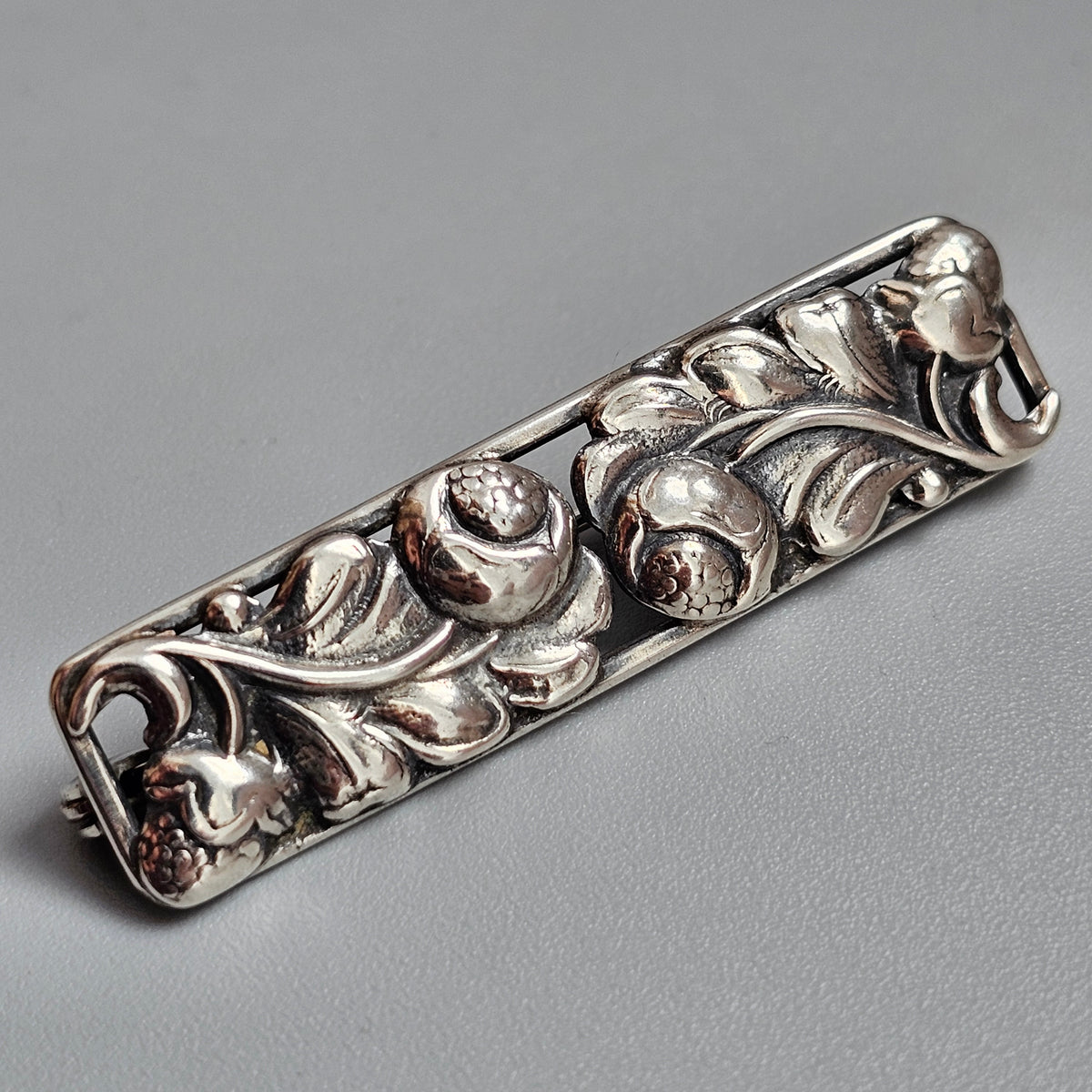 Vintage Mid Century Modern Danish 830 Silver Floral Bar Brooch by Henry Roland
