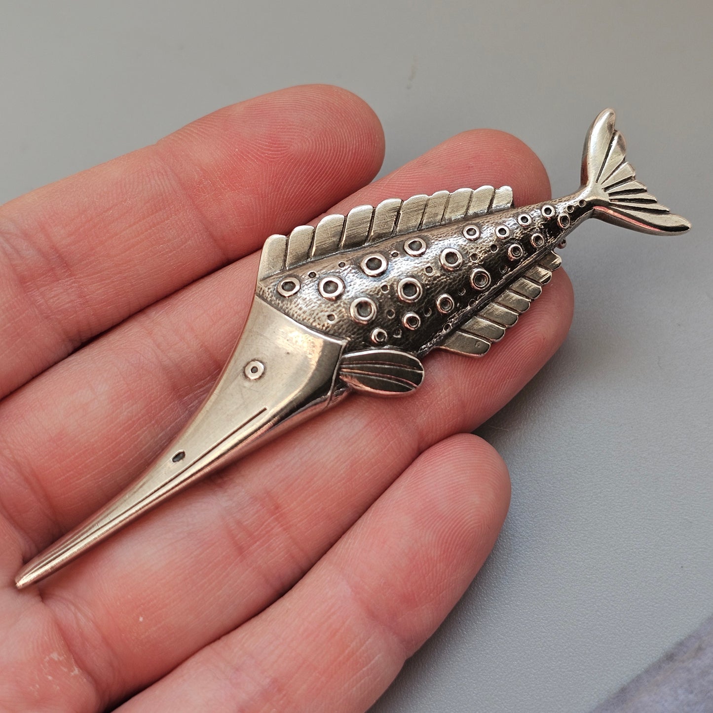 Vintage 1940s Kirsti Ilvessalo Art Deco Modernist Silver Fish Brooch Finland 1946