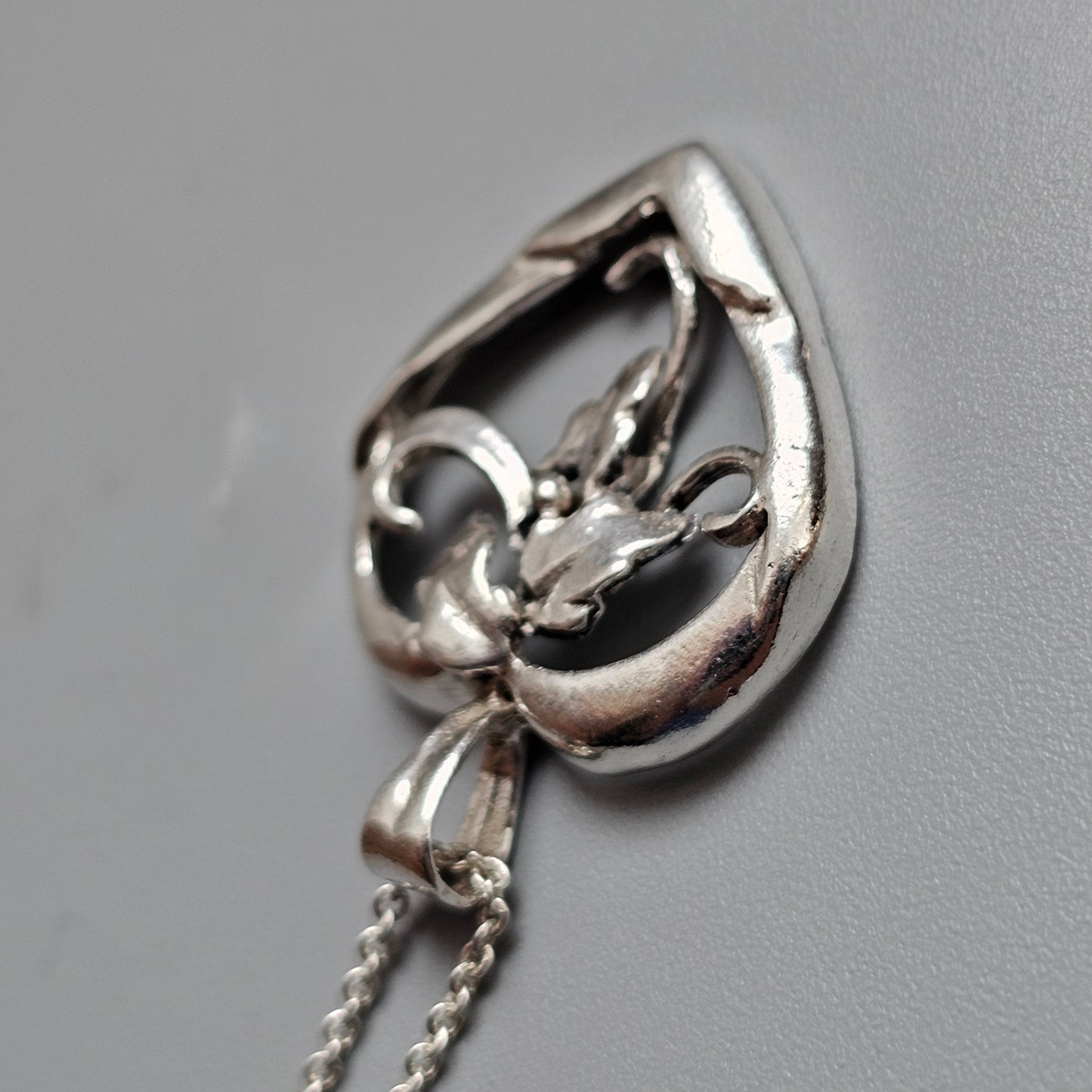 Vintage Danish Silver Heart Necklace Pendant Floral Scroll Design