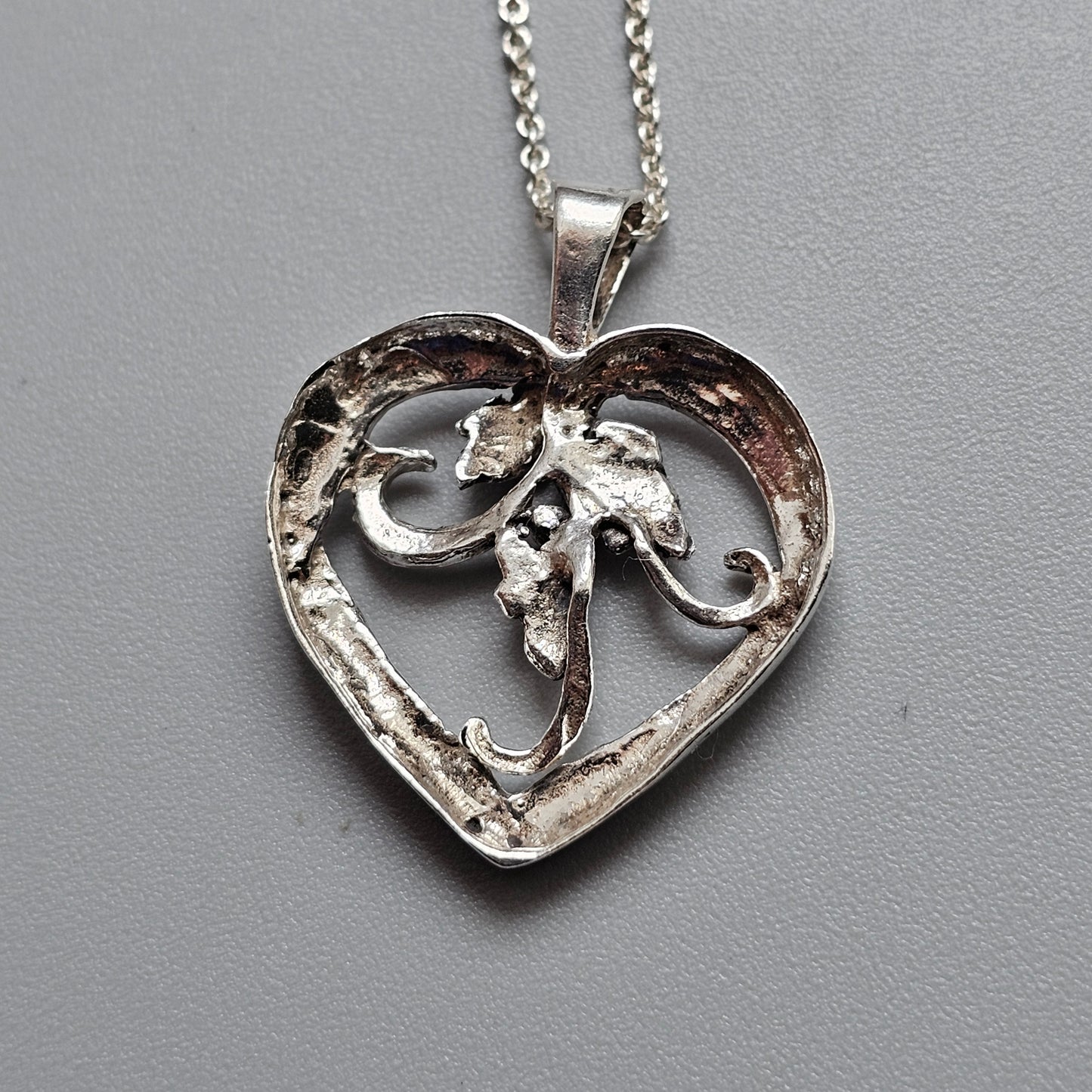 Vintage Danish Silver Heart Necklace Pendant Floral Scroll Design