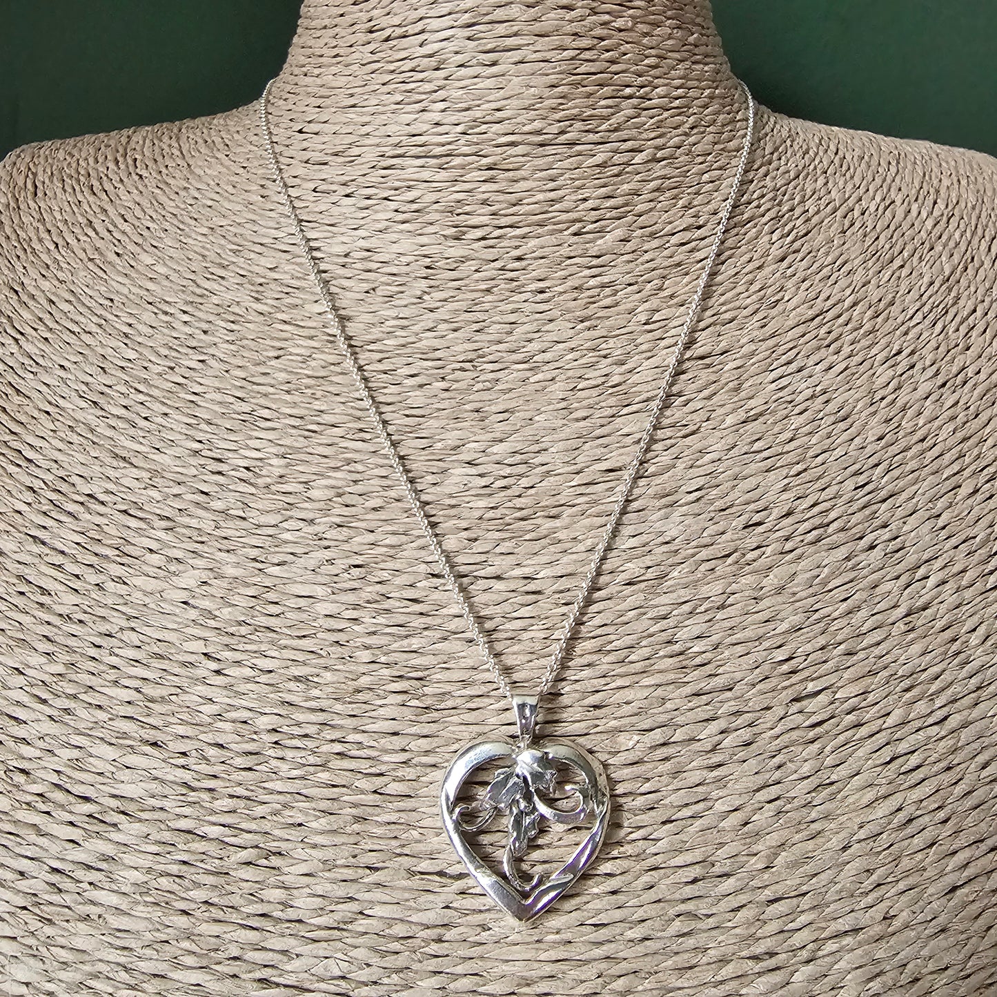 Vintage Danish Silver Heart Necklace Pendant Floral Scroll Design