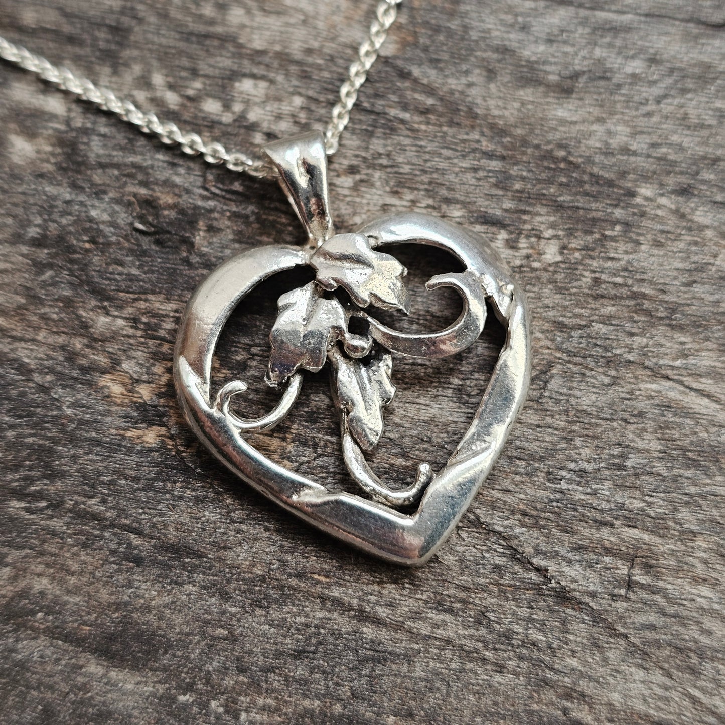 Vintage Danish Silver Heart Necklace Pendant Floral Scroll Design