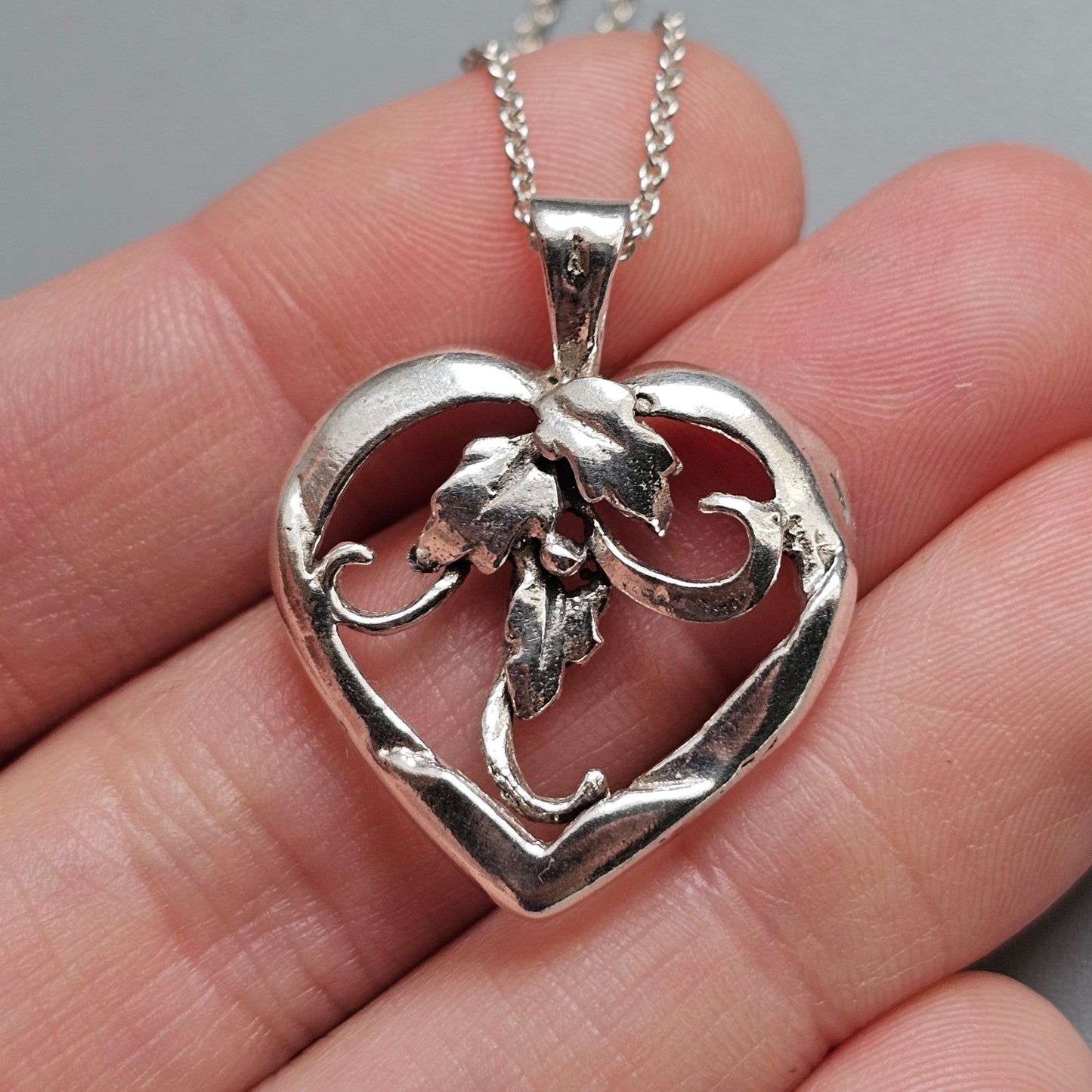 Vintage Danish Silver Heart Necklace Pendant Floral Scroll Design