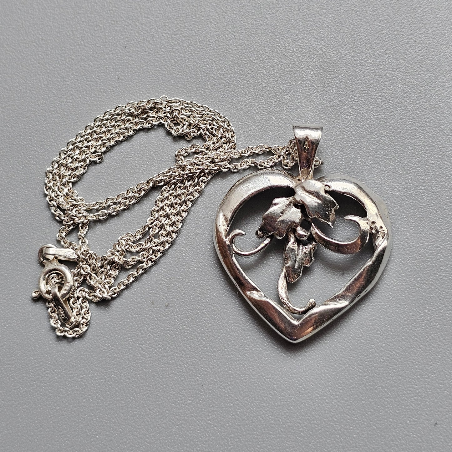 Vintage Danish Silver Heart Necklace Pendant Floral Scroll Design