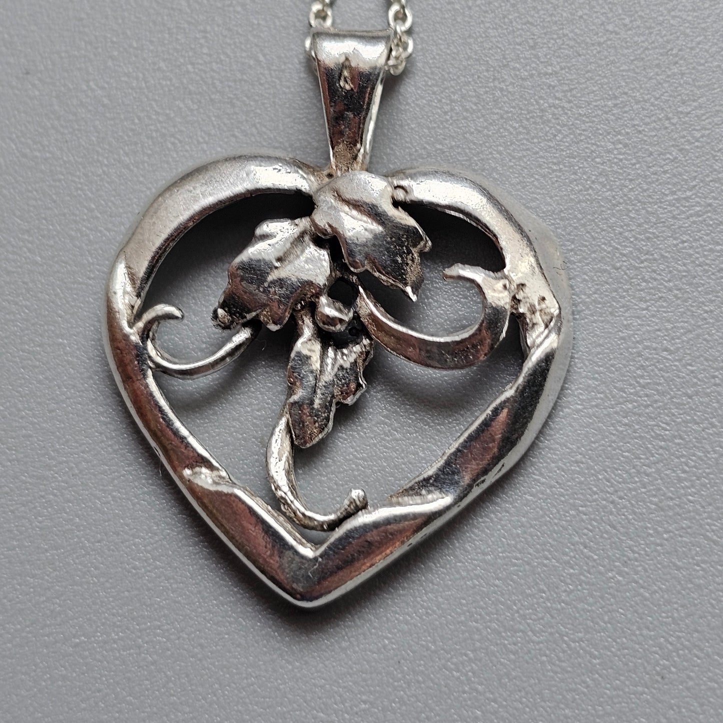 Vintage Danish Silver Heart Necklace Pendant Floral Scroll Design