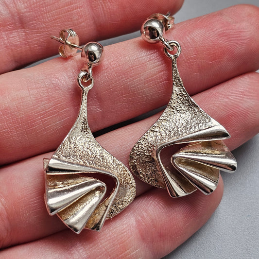 Vintage Finnish Sterling Silver Modernist Brutalist Drop Earrings by Tammen Koru