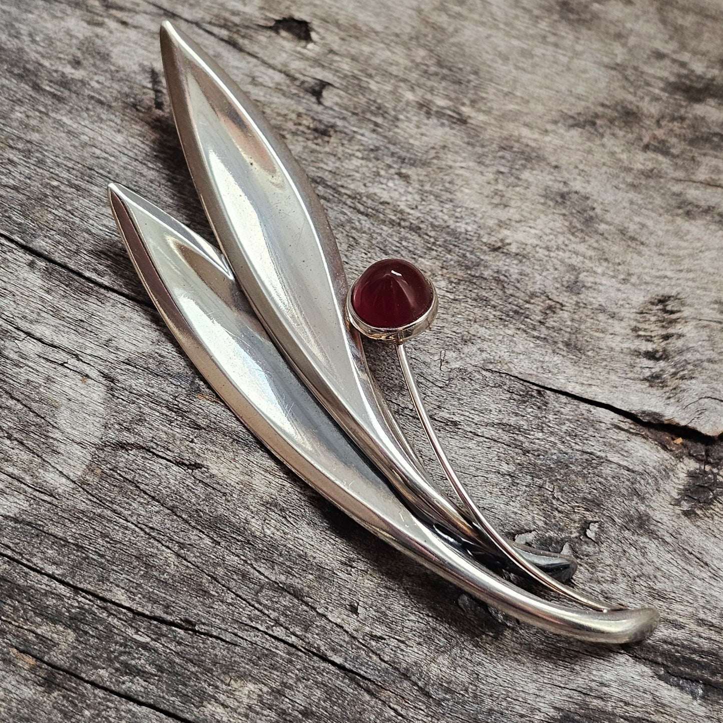 Vintage 60s Modernist Silver Carnelian Agate Flower Brooch Elis Kauppi Kupittaan Kulta 1963