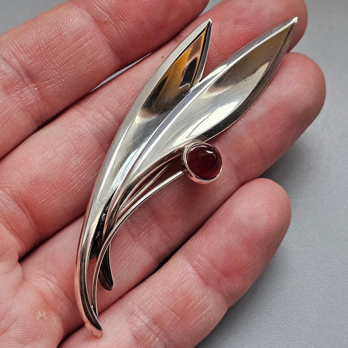 Vintage 60s Modernist Silver Carnelian Agate Flower Brooch Elis Kauppi Kupittaan Kulta 1963