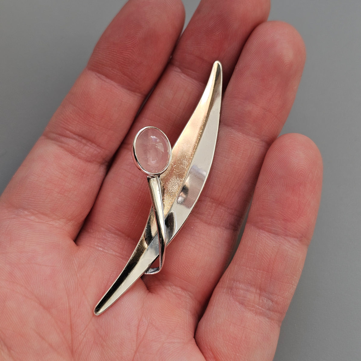 Vintage 1960s Elis Kauppi Finnish Silver Rose Quartz Modernist Brooch