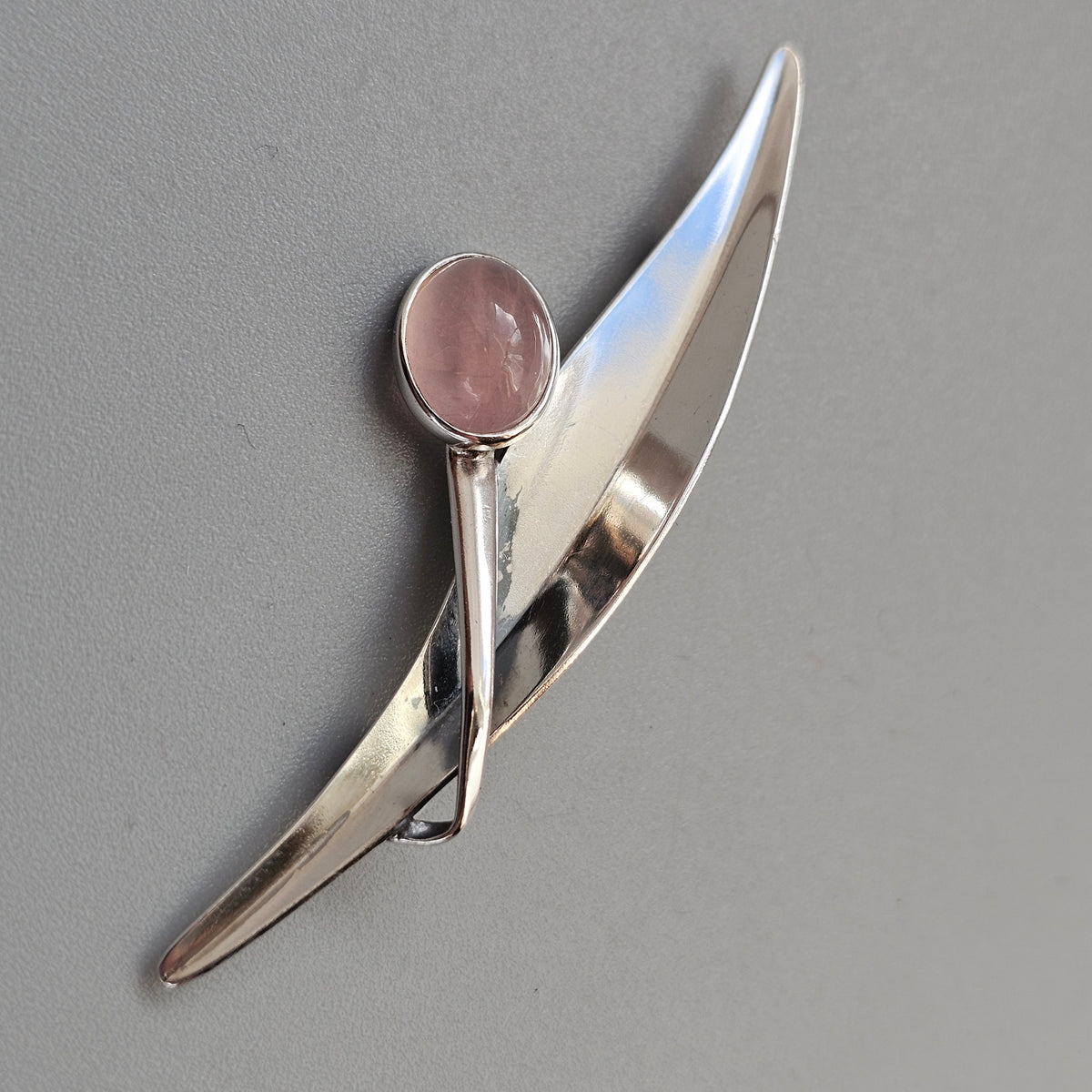 Vintage 1960s Elis Kauppi Finnish Silver Rose Quartz Modernist Brooch