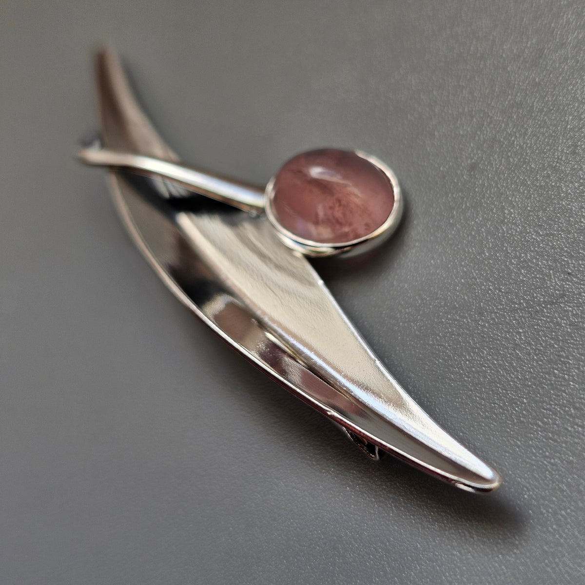 Vintage 1960s Elis Kauppi Finnish Silver Rose Quartz Modernist Brooch