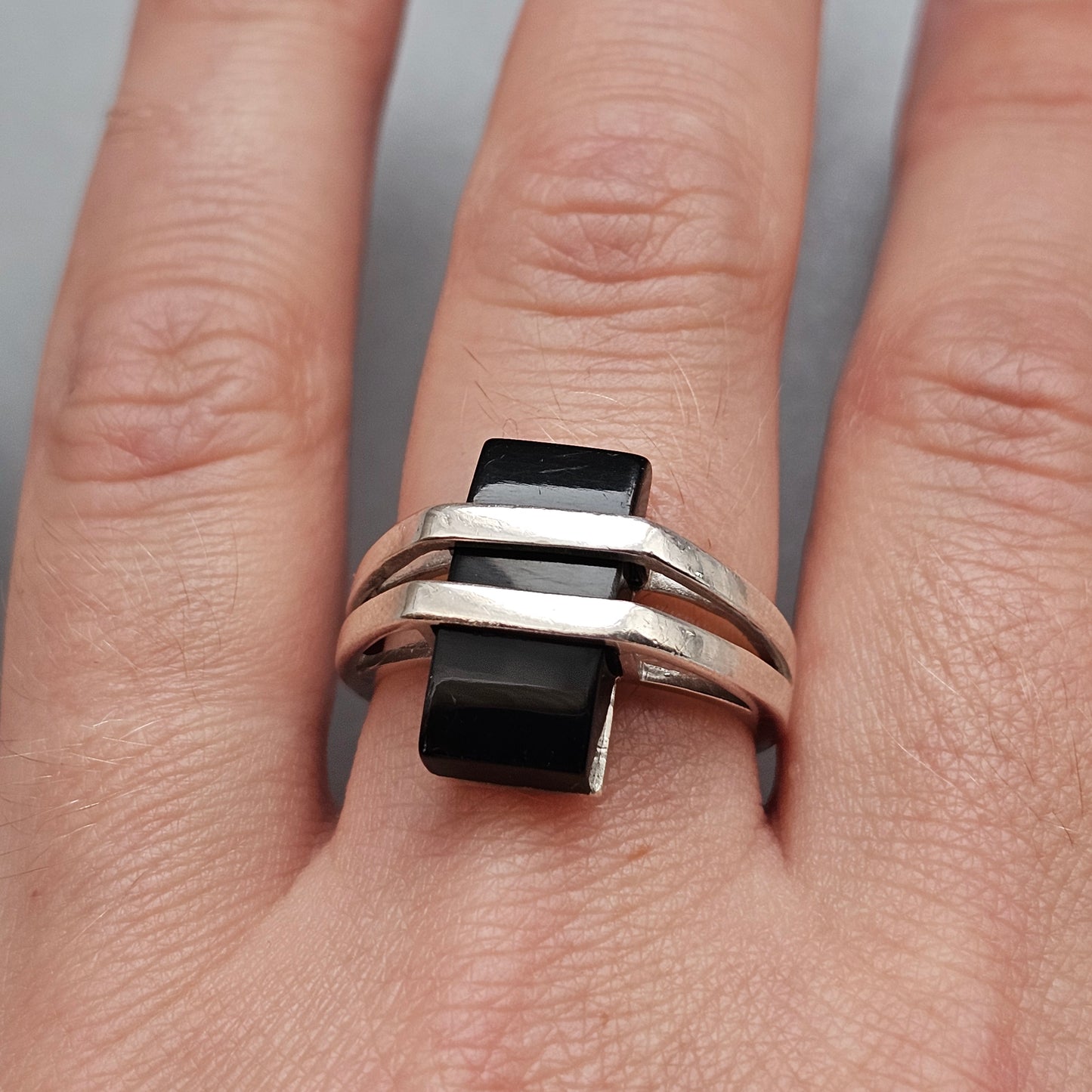 Contemporary Sterling Silver Black Onyx Geometric Modernist Ring