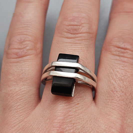 Contemporary Sterling Silver Black Onyx Geometric Modernist Ring