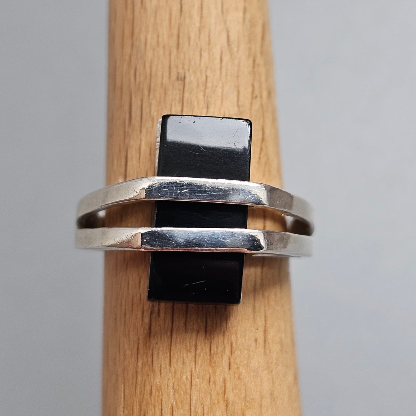 Contemporary Sterling Silver Black Onyx Geometric Modernist Ring