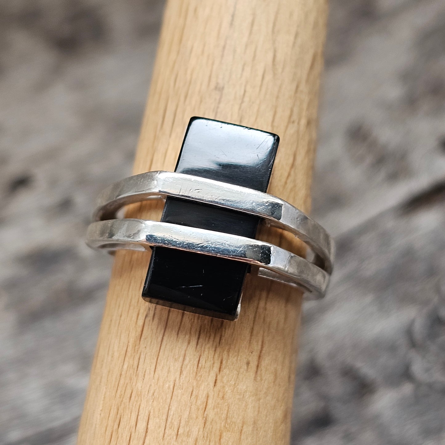 Contemporary Sterling Silver Black Onyx Geometric Modernist Ring