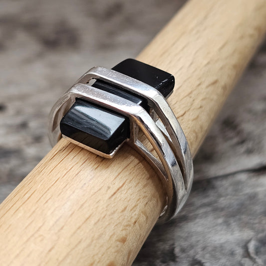 Contemporary Sterling Silver Black Onyx Geometric Modernist Ring