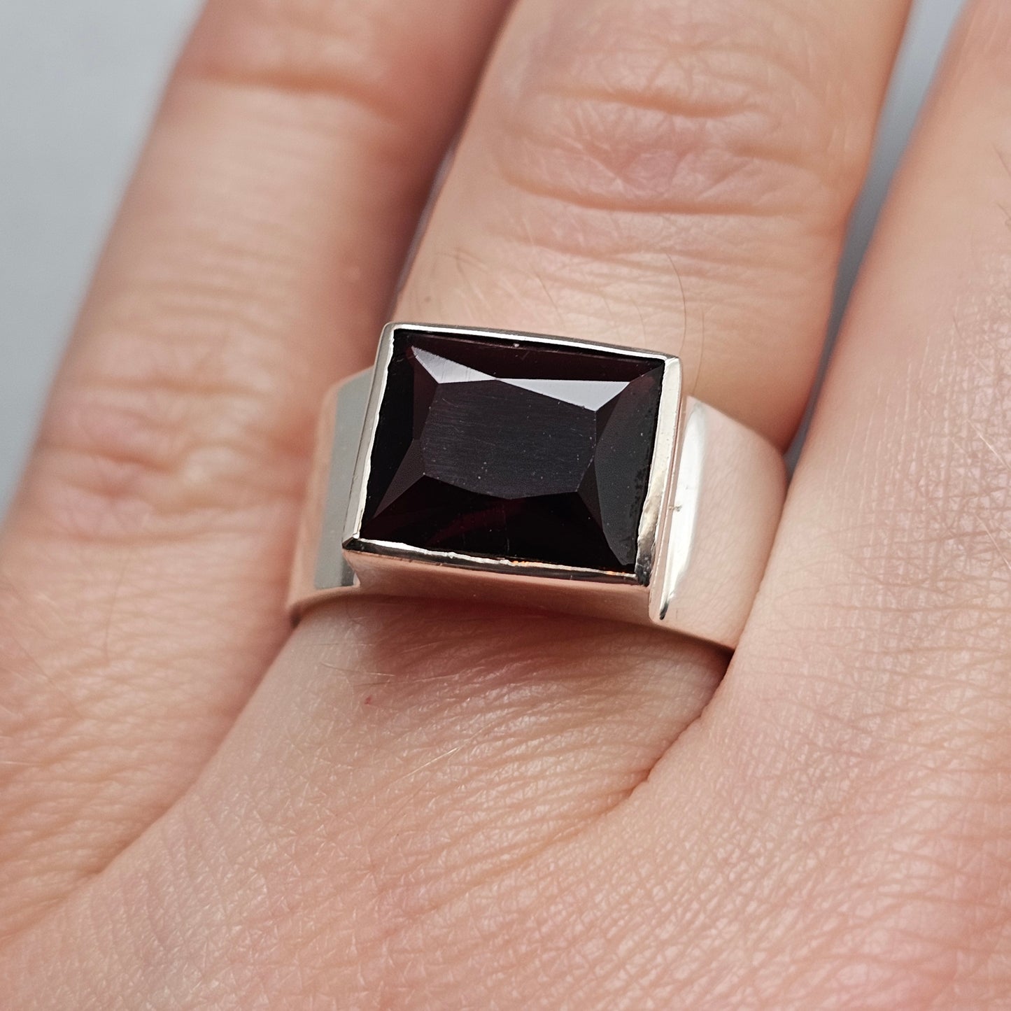 Contemporary Sterling Silver Rectangular Garnet Modernist Statement Ring
