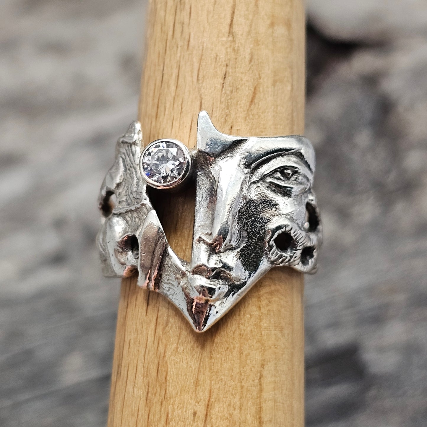 Contemporary Andrei Balašov MASK Sterling Silver Cubic Zirconia Sculptural Ring Estonia