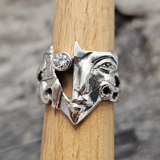 Contemporary Andrei Balašov MASK Sterling Silver Cubic Zirconia Sculptural Ring Estonia