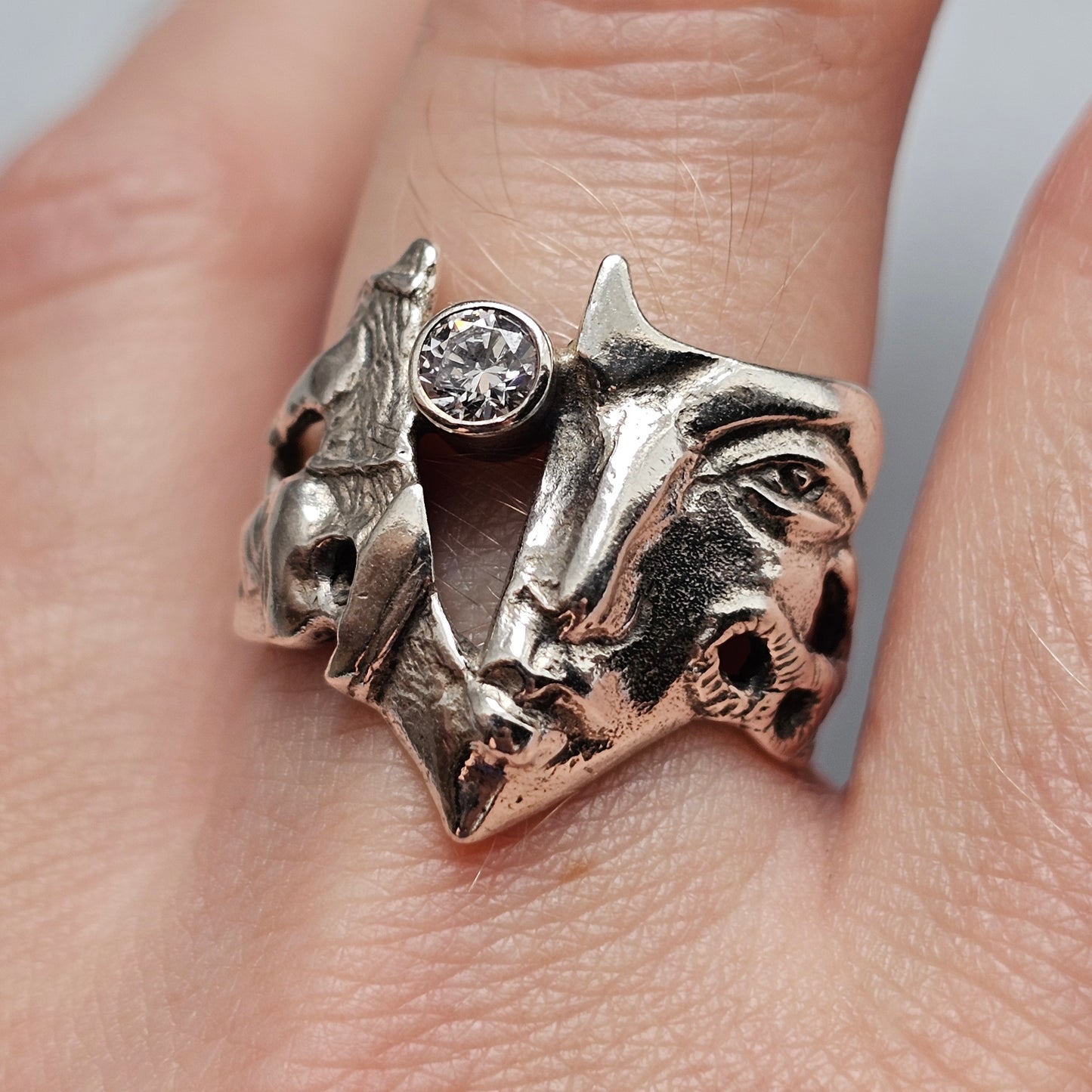 Contemporary Andrei Balašov MASK Sterling Silver Cubic Zirconia Sculptural Ring Estonia