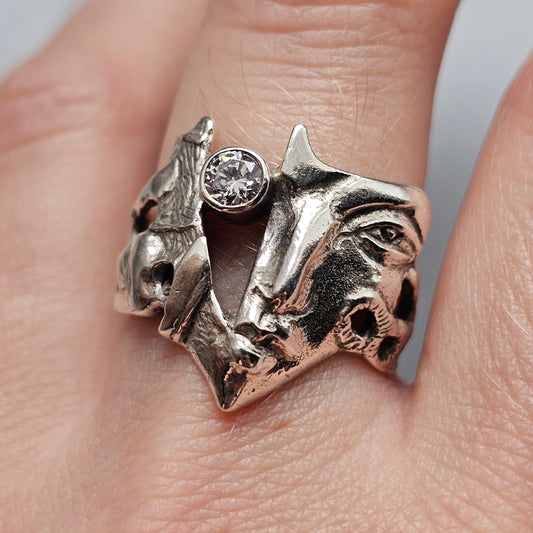 Contemporary Andrei Balašov MASK Sterling Silver Cubic Zirconia Sculptural Ring Estonia