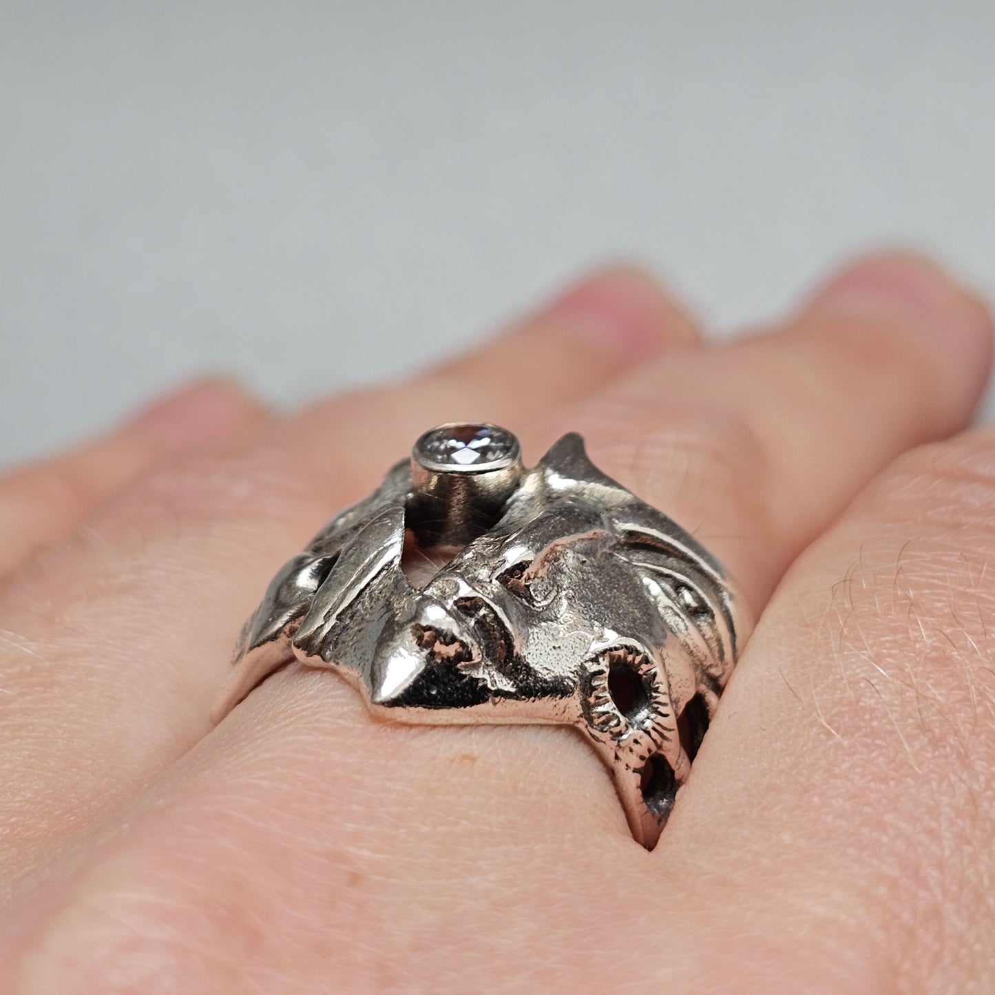 Contemporary Andrei Balašov MASK Sterling Silver Cubic Zirconia Sculptural Ring Estonia
