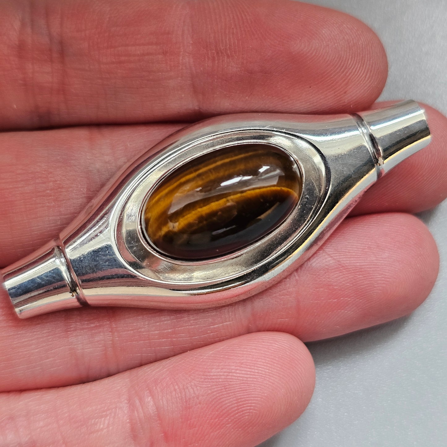 Vintage 1960s Elis Kauppi Kupittaan Kulta Finnish Silver Tiger's Eye Brooch 1960