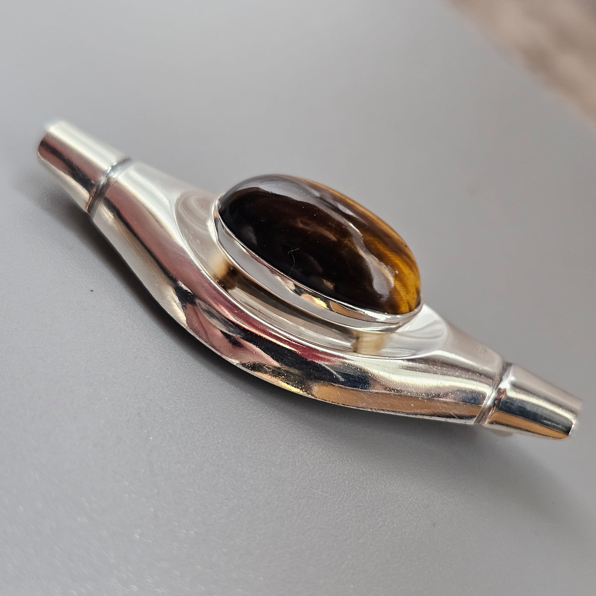 Vintage 1960s Elis Kauppi Kupittaan Kulta Finnish Silver Tiger's Eye Brooch 1960
