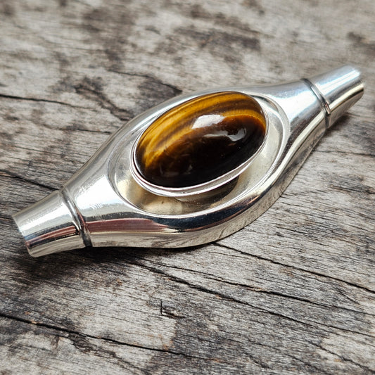 Vintage 1960s Elis Kauppi Kupittaan Kulta Finnish Silver Tiger's Eye Brooch 1960