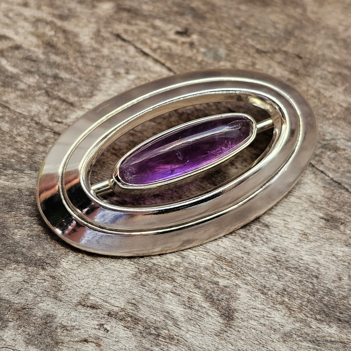 Vintage 1960s Erik Granit Finnish Silver Amethyst Modernist Brooch 1965