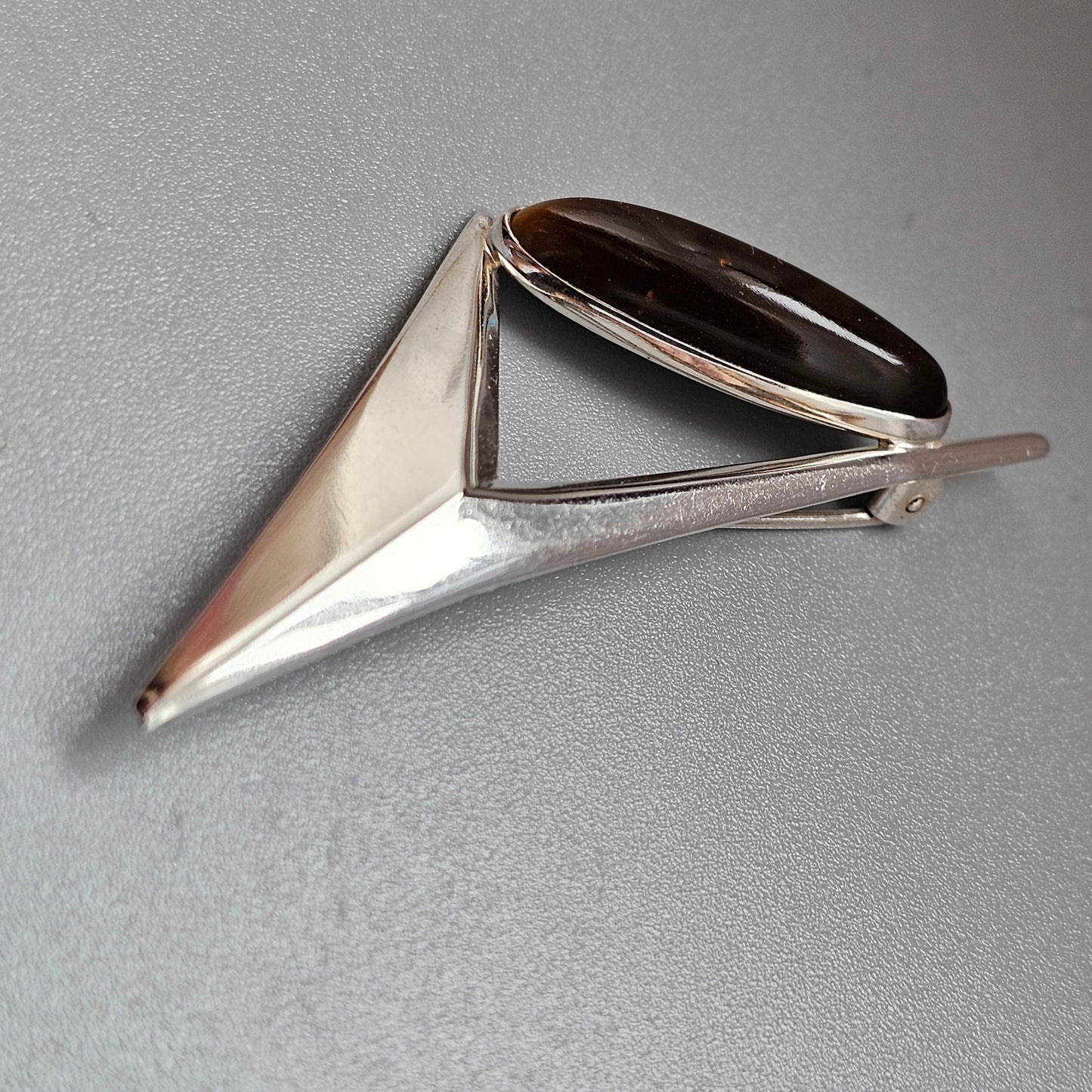 Vintage Turun Hopea Finnish Silver Tiger's Eye Modernist Brooch