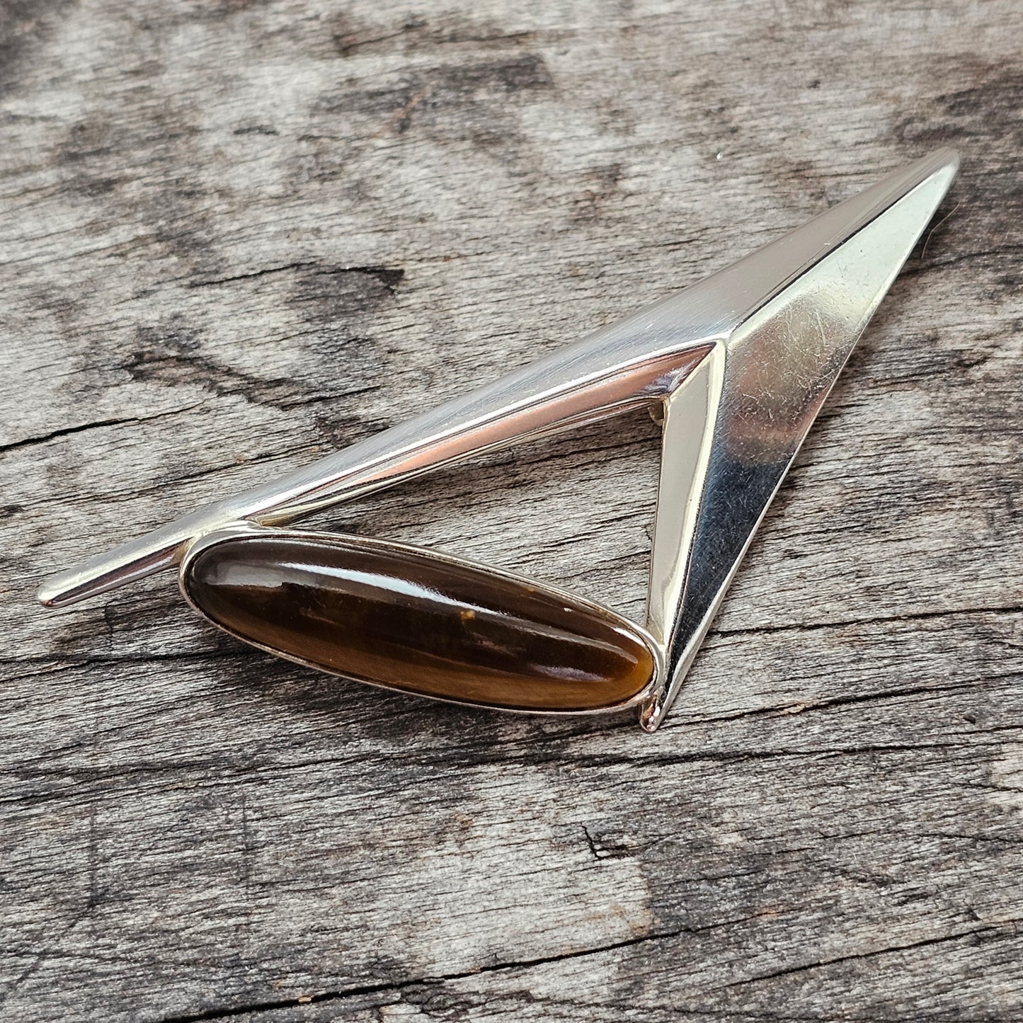 Vintage Turun Hopea Finnish Silver Tiger's Eye Modernist Brooch