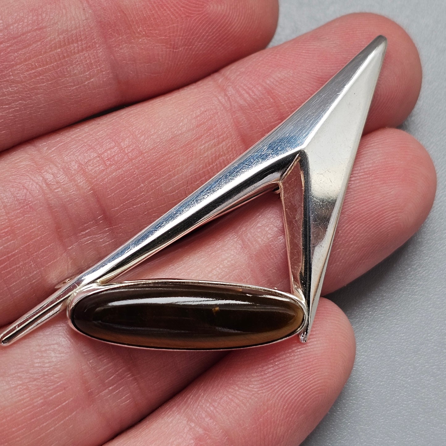 Vintage Turun Hopea Finnish Silver Tiger's Eye Modernist Brooch
