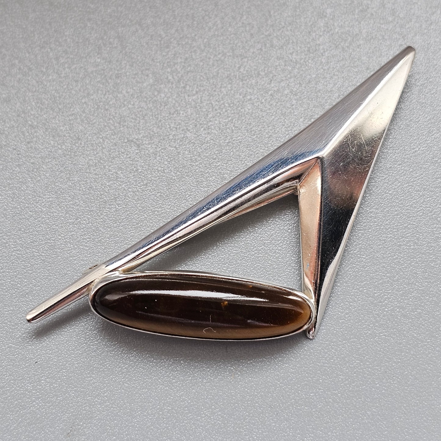 Vintage Turun Hopea Finnish Silver Tiger's Eye Modernist Brooch