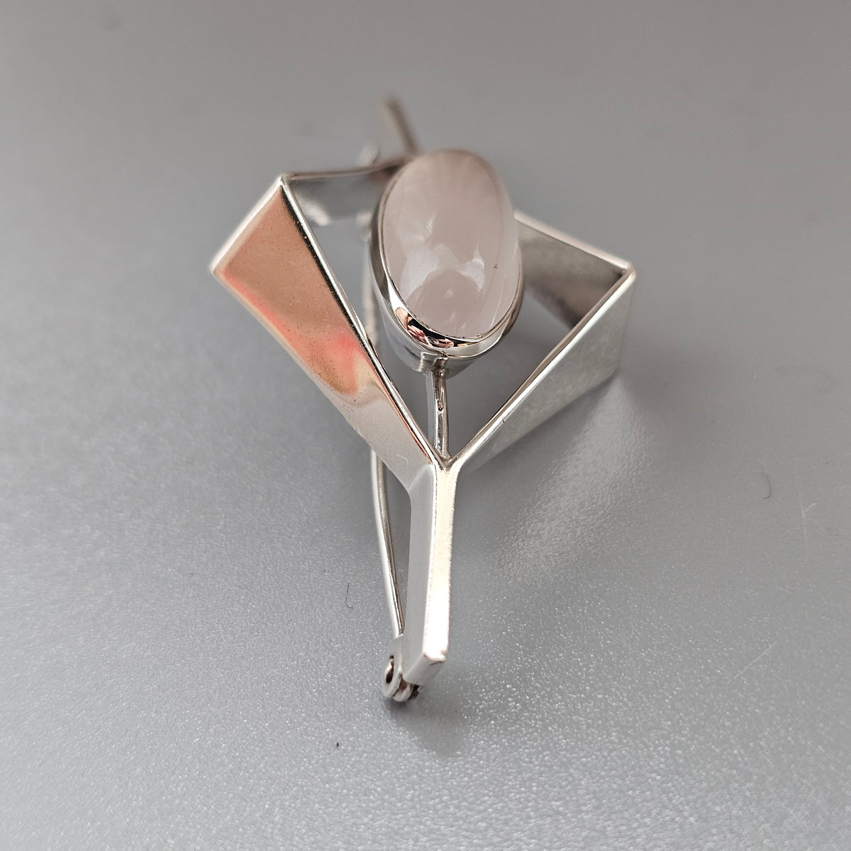 Vintage 1960s Kultaseppä Salovaara Finnish Silver Rose Quartz Modernist Brooch