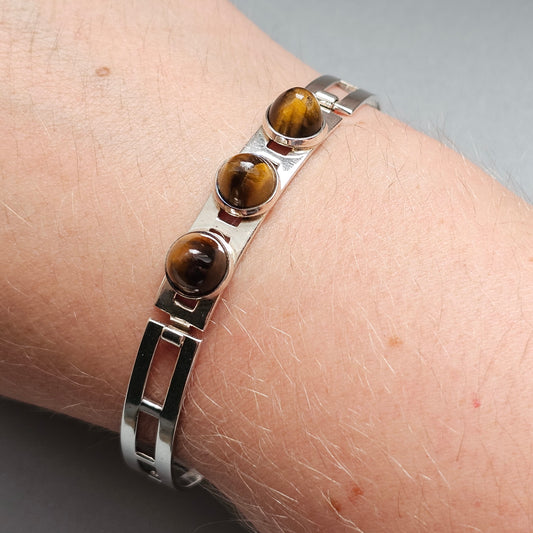 Vintage 1960s Turun Hopea Finnish Silver Tiger's Eye Modernist Bangle 1964