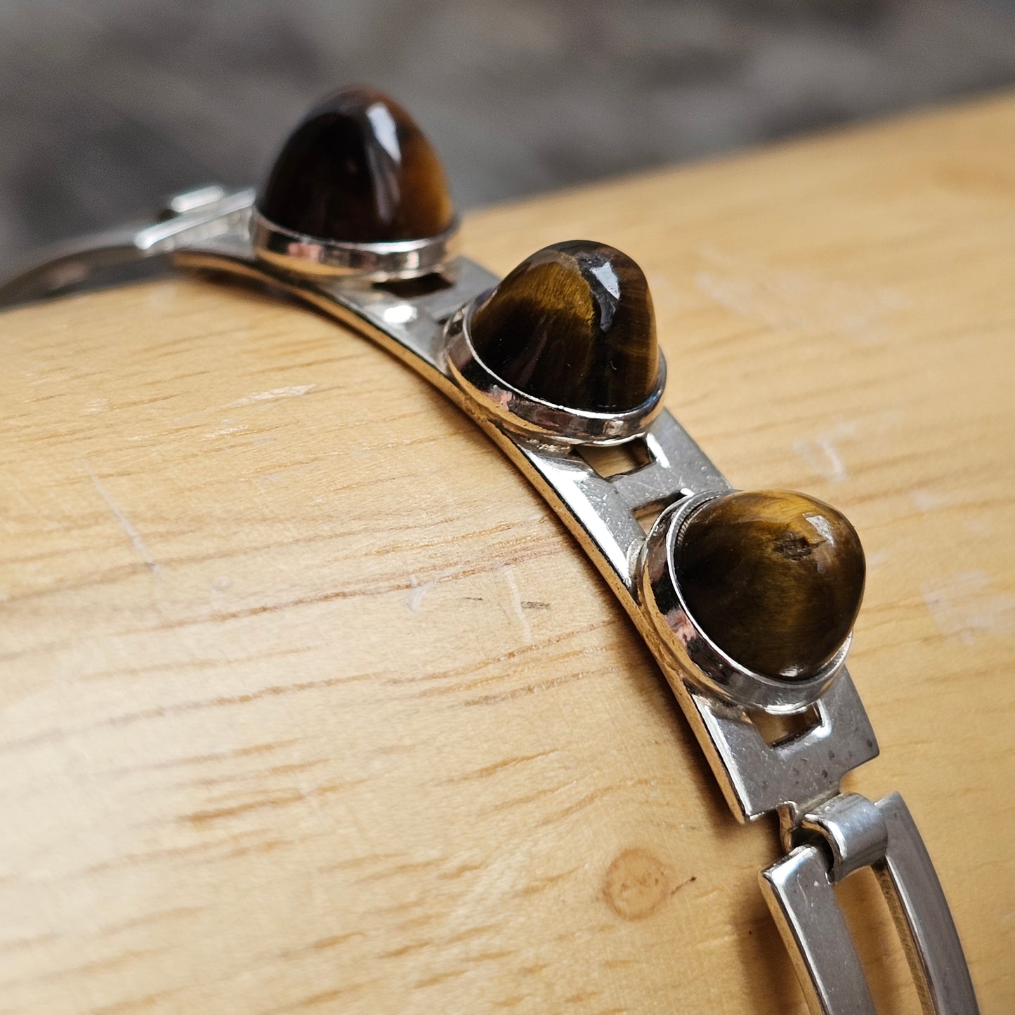 Vintage 1960s Turun Hopea Finnish Silver Tiger's Eye Modernist Bangle 1964