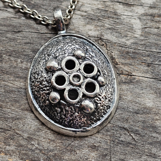 Vintage 1970s Finnish Floral Modernist Pewter Pendant Necklace