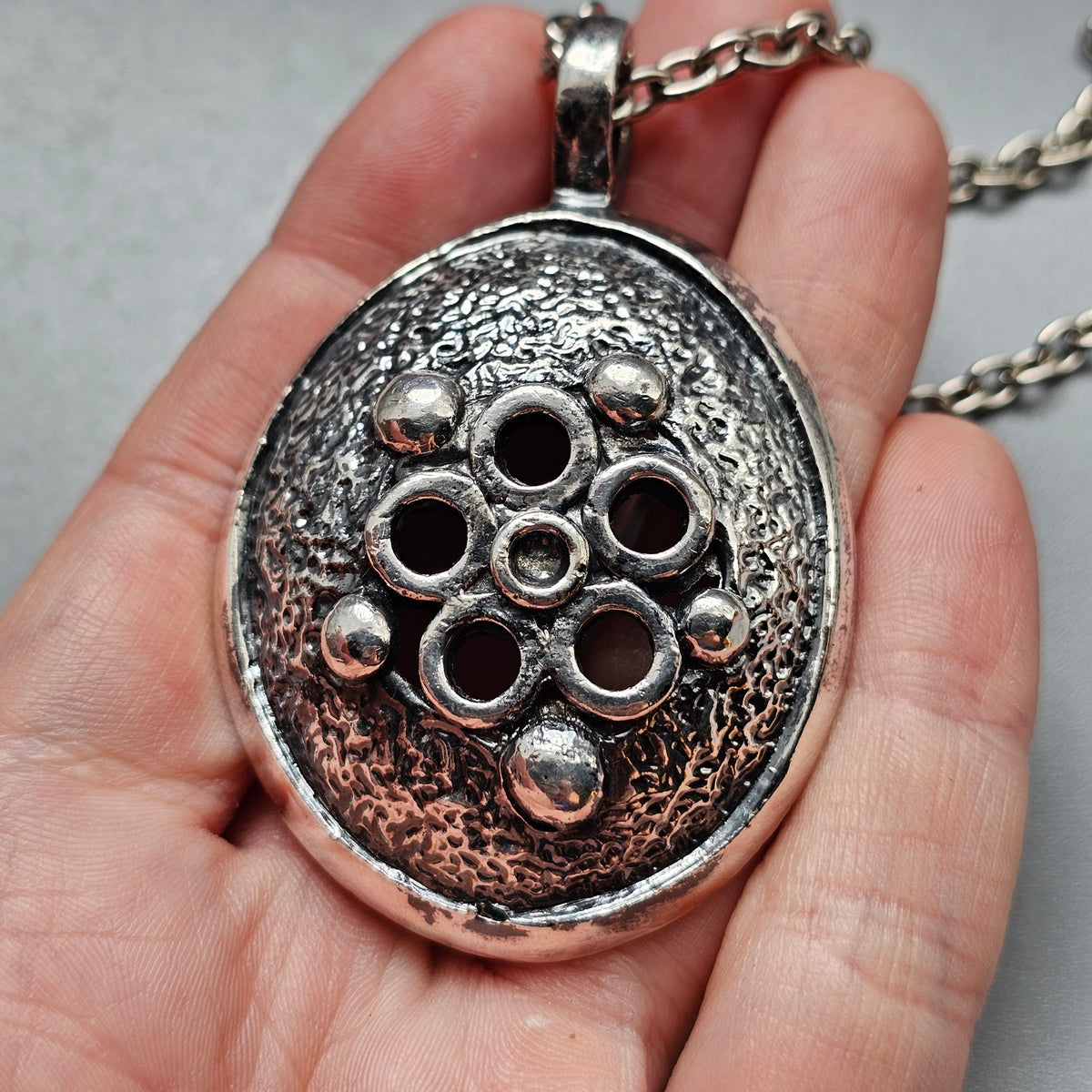 Vintage 1970s Finnish Floral Modernist Pewter Pendant Necklace
