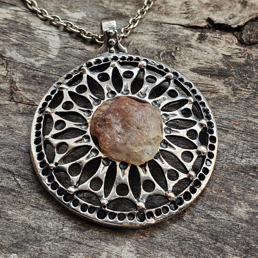 Vintage 1970s Finnish Modernist Brutalist Pewter Quartz Pendant Necklace